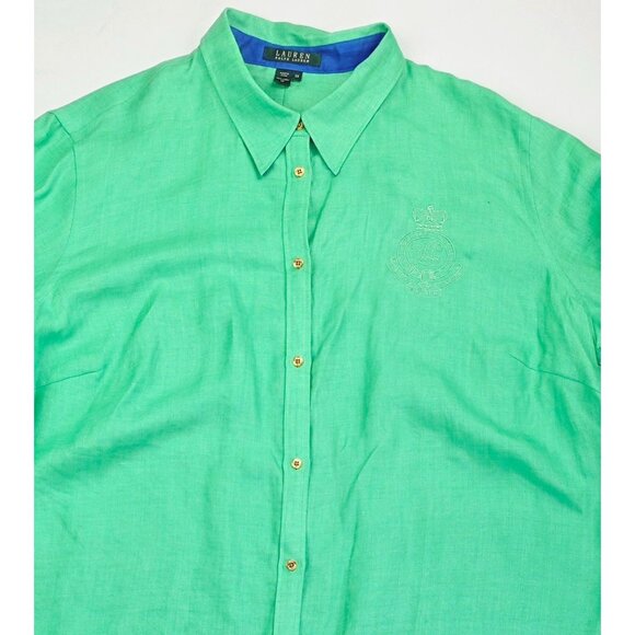 Lauren Ralph Lauren Size 3X Womens Green Linen Embroidered Chest Logo 3/4 Sleeve - Picture 11 of 11